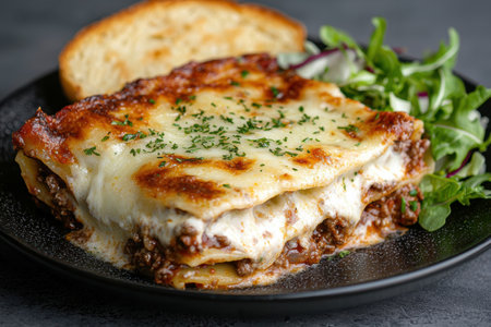 Delicious homemade lasagna with melted cheese and fresh herbsの素材