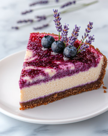 Delicious homemade blueberry cheesecake with lavender garnishの素材