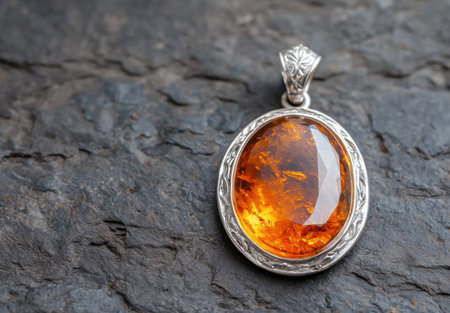 Amber gemstone pendant on slate backgroundの素材