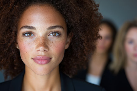 Confident woman with curly hair and frecklesの素材