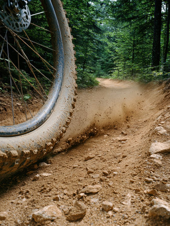 Rugged mountain bike trail in lush forestの素材