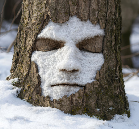 Snowy tree face in winter landscapeの素材