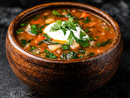 Hearty vegetable soup in a rustic bowlの素材