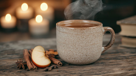 cozy autumn drink with spices and candlesの素材