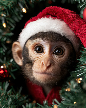 cute christmas monkey in santa hatの素材