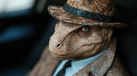 Reptilian creature wearing a hat and tieの素材