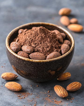 Cocoa powder and almonds in a bowlの素材