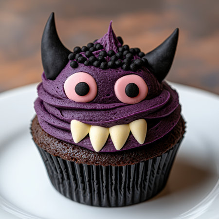 Spooky monster cupcake with purple frosting and googly eyesの素材