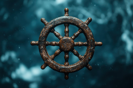 Antique ship's wheel in a stormy seaの素材