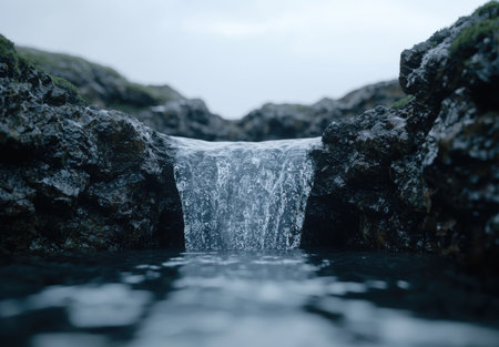 Serene waterfall cascading through rugged cliffsの素材