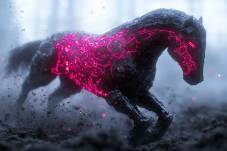 Glowing futuristic horse sculpture in the mistの素材