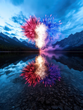 Vibrant fireworks display reflected in a serene mountain lakeの素材