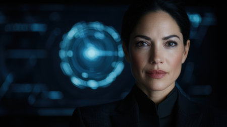 woman in dark attire with futuristic technology displayの素材
