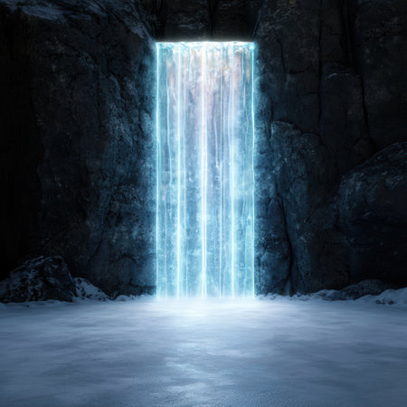Glowing waterfall in dark caveの素材