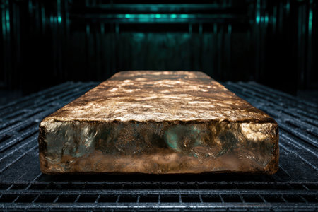 Glistening gold ingot on dark backgroundの素材
