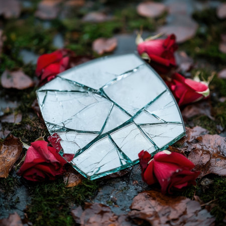 Broken glass and red rose petals on the groundの素材