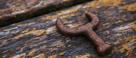 Rusty old horseshoe on weathered wooden surfaceの素材