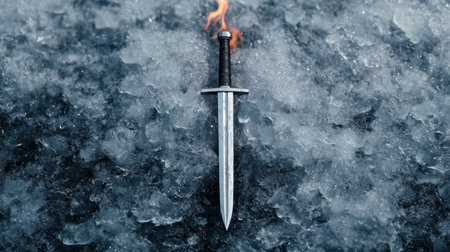 Flaming sword in frozen winter landscapeの素材