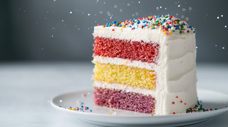 Colorful layered birthday cake with sprinklesの素材