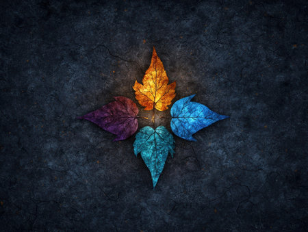 Colorful autumn leaves on dark backgroundの素材