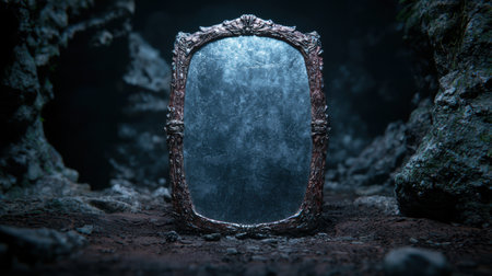 Antique mirror in a dark forest settingの素材