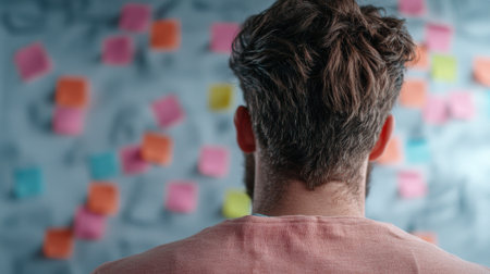 man with curly hair looking at colorful sticky notesの素材
