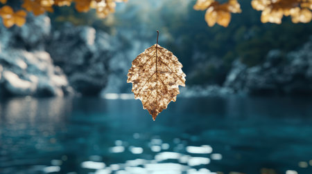 Lone autumn leaf floating on calm waterの素材