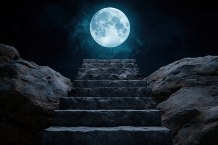 Mysterious stone stairway leading to a full moon in the night skyの素材
