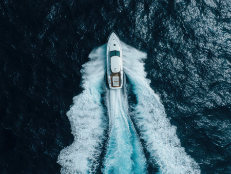 Aerial view of luxury yacht speeding across dark blue oceanの素材