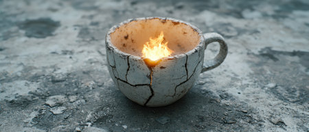 Cozy winter fire in a cracked ceramic mugの素材
