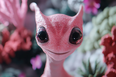 Close-up of a vibrant pink alien creature with large eyesの素材