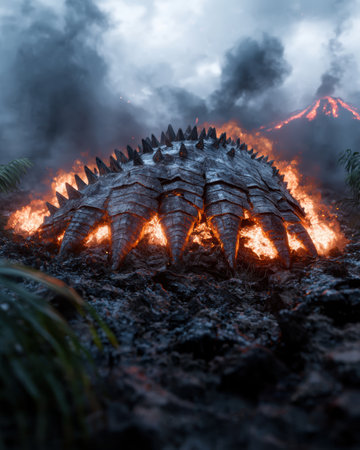 Fiery volcanic eruption with spiny creatureの素材