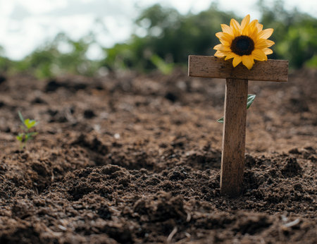 Sunflower in a field with wooden signの素材