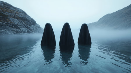 mysterious hooded figures in a misty lakeの素材