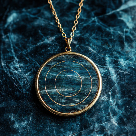 Elegant gold necklace pendant with concentric circles on dark marble backgroundの素材