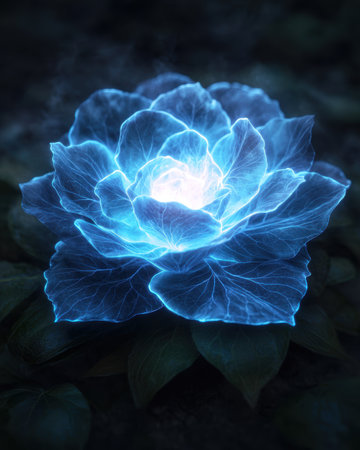 Glowing blue flower in the darkの素材