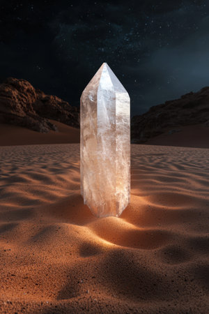 Glowing crystal obelisk in desert landscape under starry night skyの素材