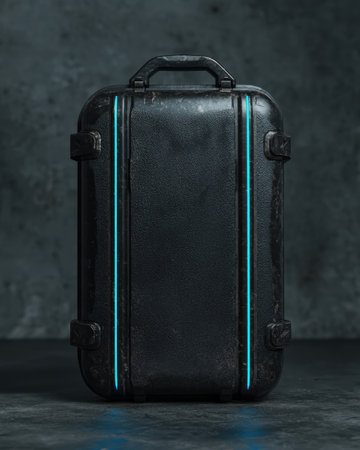 Vintage black suitcase with glowing blue trimの素材