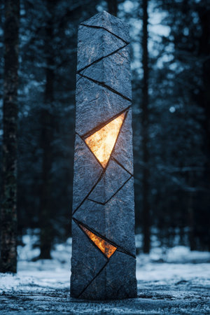 Illuminated stone sculpture in snowy forestの素材