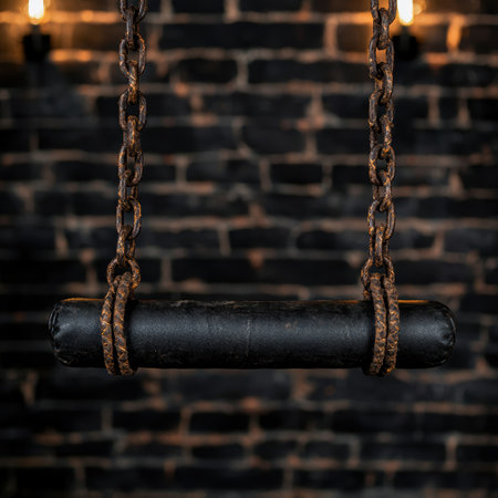 Vintage leather swing hanging from chains against a brick wallの素材