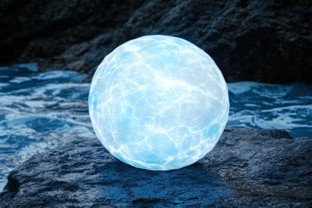 Glowing crystal ball on rocky shoreの素材