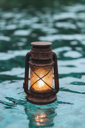 Vintage lantern floating in serene waterの素材