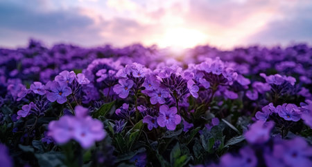 Vibrant purple flowers in a field at sunsetの素材