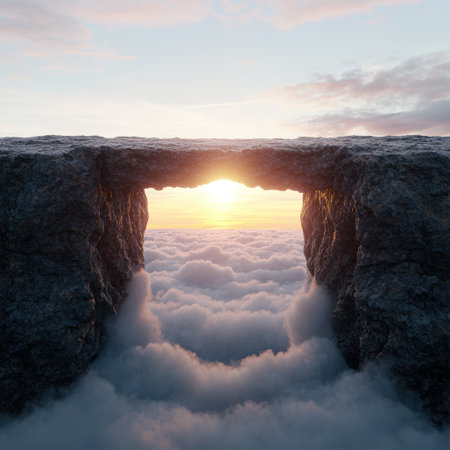 Dramatic rocky arch over clouds at sunsetの素材