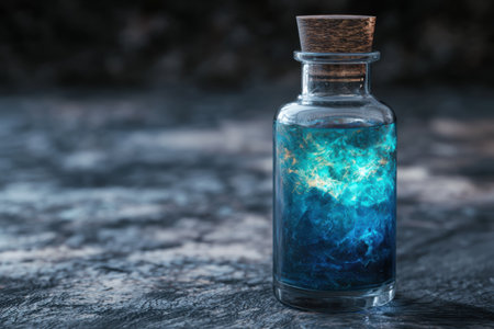 Mystical potion in glass bottle with blue swirling liquidの素材
