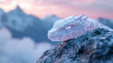 Icy dragon creature on rocky mountain landscapeの素材