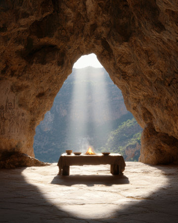 Cozy campfire in a cave overlooking a lush valleyの素材
