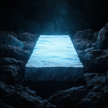 Glowing ice platform in dark caveの素材