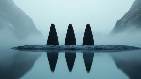 mysterious orca fins emerge from misty watersの素材