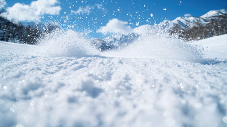 Snowy winter landscape with flying snowの素材